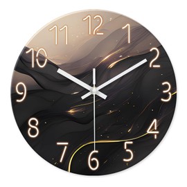 Constantplanet Black and Gold Wall Clock Battery Operated 14 Inch Wall Clock Silent Non Ticking Glass Decorative Wall Clock for Office