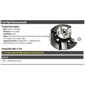 Front Right Passenger Side Wheel Hub Bearing and Steering Knuckle Assembly - Compatible with 2005-2008 Honda Pilot