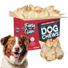 Fang & Claw Water Buffalo Ears for Dogs (100 Pack) - Free Range Grass Fed Low Calorie All Natural Dog Chews - Healthy Dental Chew Bone Alternative - No Rawhide Dog Chews - Long Lasting Natural Treats