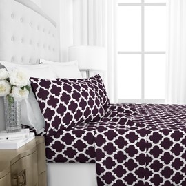 Italian Luxury 1800 Series Hotel Collection Quatrefoil Pattern Bed Sheet Set - Deep Pockets, Wrinkle and Fade Resistant, Hypoallergenic Printed Sheet and Pillow Case Set - Queen - Purple