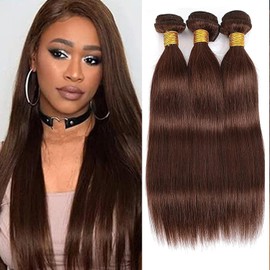 Leruikair Human Hair Bundles 10 12 14 Inch Straight Bundles Human Hair Chocolate Brown Color 4 Unprocessed Brazilian Quick Weave Hair Bundles for Black Women