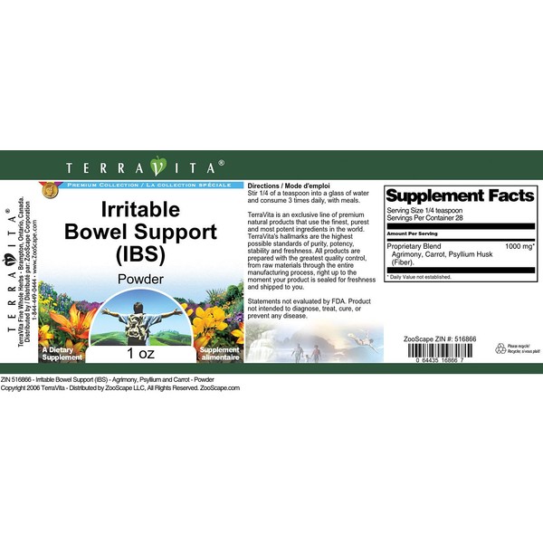 TerraVita Irritable Bowel Support (IBS) - Agrimony, Psyllium and Carrot - Powder (1 oz, ZIN: 516866)