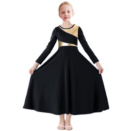 ORIDOOR Girls Praise Dance Dress Metallic Gold Liturgical Worship Church Robe Full Length Swing Lyrical Costume,Black,Tag150,11-12Years