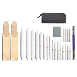 Pack of 24 Students Sketching Drawing Accessories Blending Stumps and Tortillions + Sandpaper Pencil Sharpener + Pencil Extension Tool + Felt Bag