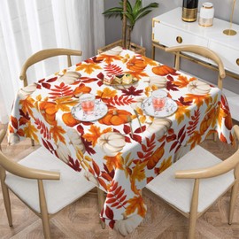 Thanksgiving Tablecloth Square 60 Inch Fall Harvest Autumn Pumpkin Fallen Leaves Maple Leaf Print Decorative Table Cloth Holiday Decorations Seasonal Decor for Home Kitchen Dining Room Picnic Party