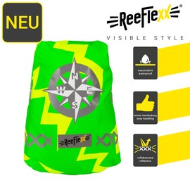 REEFLEXX Reflector Backpack Cover Green Arrow Compass, Size M, for 20-35 Litre Backpacks, Increased Visibility with Reflectors, Patterns and Colours