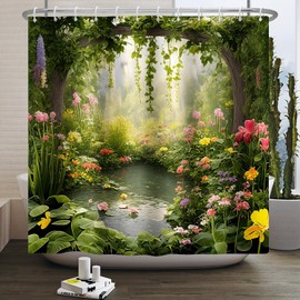 Kzzfqxb 165x180cm Shower Curtains with Plastic Hooks, Lush Green Wonder Flowers Forest Lotus in Pond Oil Painting Occluded for Bathtub, Refreshing Beautiful Garden Polyester Fabric for Bathroom