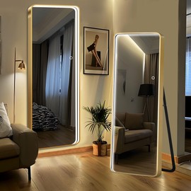 SogesPower 64"x21" Full Length Mirror with Lights, LED Floor Mirror with Stand, Wall Mounted Full Body Mirror with Dimming & 3 Color Lighting for Bedroom Living Room, Gold