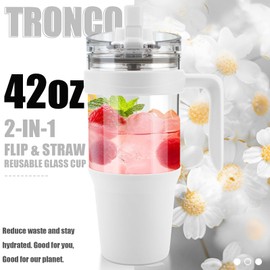 Tronco 40 oz Glass Tumbler with Handle, Leak-proof Flip Straw, Reusable Glass Tumbler with Straw and Lid, Iced Coffee Cup with Plastic Lid, Glass Water Bottles Fit in Cup Holder,Smoothie Cup