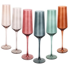 Colored Champagne Flutes Set of 6, Large 8 Oz Hand Blown Crystal Glasses, Lead-Free Colorful Glasses, Italian Style Tall Stemmed Glassware-Elegant Gift Box for Wedding, Party, Holidays, Birthdays