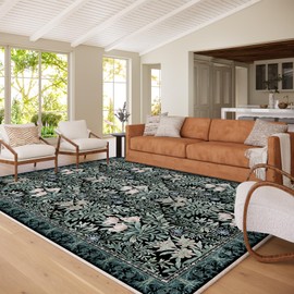 Washable Area Rugs 8x10 Black Green Vintage Floral Botanical Pattern,Perfect for Living Room, Bedroom, Kids Room, Nursery - Stain & Water Resistant Non-Slip, Pet & Child Friendly/Bedroom Decor