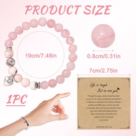 Goerpn Anxiety Bracelet for Women,Natural Stone Healing Bracelets,Gemstone Zebra Bead with Heart Shaped Pendant Elastic Crystal Beads for Womens Teen Girls Gifts (Clear Pink)