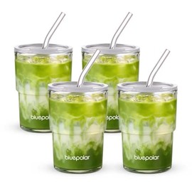 BLUEPOLAR - Vaso de agua de vidrio de 13 oz/400 ml con popote y tapa, sellado para llevar en pared gruesa, taza de café helado, taza de vidrio para agua, té helado, jugo de frutas, etc. (blanco, 4