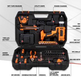 Universal 46 Pcs Orange Portable DIY Repair Hand Tool Kit Set Battery Cordless Drill for Home Household Office Garden Warehouse With Carring Case