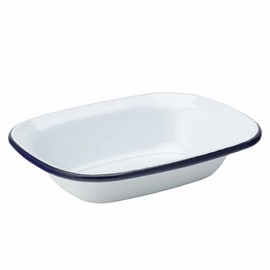 Utopia Eagle Enamel Pie Dish 7.8" /20cm - White Oblong Cookware with Blue Edge for Oven to Table Presentation