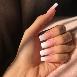 KQueenest Ombre Pink Press on Nails Long Square, French Tip False Nails Long Medium Coffin, Natural Gradient Color Fake Nails Set, Reusable Gel Stick on Nail for Women Finger Daily Wear 24 Pcs