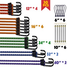 YELIER 30PCS Heavy Duty Bungee Cords with Hooks Set, 8mm Bungee Cord Assortment with Ball Bungees & Mini Bungee Cords. 12", 18", 24", 32", 40" Tie Down Straps for Tarps, Camping, Bike, Cargo, Luggage