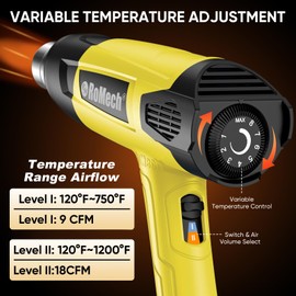 ROMECH 1500W Heavy Duty Heat Gun, Variable Temperature Control Hot Air Gun Kit with 2 Air Flow 120°F~1200°F and 4 Nozzles for Crafts Shrink Wrap (Yellow)