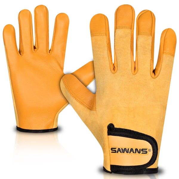 SAWANS Leather Working Gardening Gloves for Men Women Thorn Proof