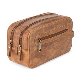 Berliner Bags Vintage Wash Bag Max, Large Leather Toiletry Bag, Wash Bag with 2 Compartments, Cosmetic Bag for Travel, for Men and Women - Brown