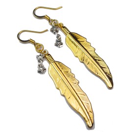 Gold & Silver Tone Feather Charm & Star Beads Dangle Earrings, Native American Jewelry Gift for Her