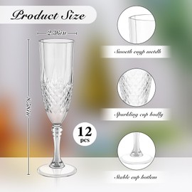 Dualshine 12 Pcs Champagne Flutes Plastic, Wine Glasses, Plastic Goblets, Reusable Champagne Flute for Wedding, Hotel, Bar, Bachelor Parties（White）