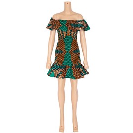 iooiooi Women's Bodycon Dress Off Shoulder Ruffle Elasticated Ankara Dresses Summer African Print Dresses