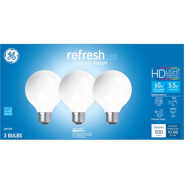 GE Lighting Refresh HD Globe Dimmable LED Light Bulbs,G25 60 Watt Replacement LED Light Bulbs,500 Lumen, Medium Base Light Bulbs, Daylight, Frosted Finish,Title 20 Compliant (43317),Pack of 3