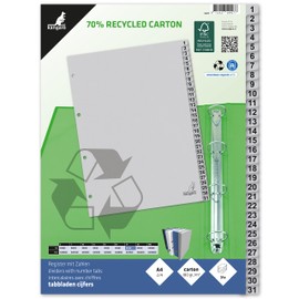 Kangaro Card Index A4 Numbers 1-31. 180gsm Recycled Grey FSC Card - 31 Pieces