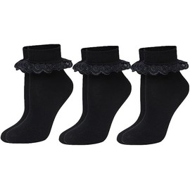 COSHAL® 3 Pairs Girls Frilly socks Children’s Ankle School Socks with Lace, Girls Back to school socks Party Wear Uniform Comfort Socks frilly lace (12-3) Black