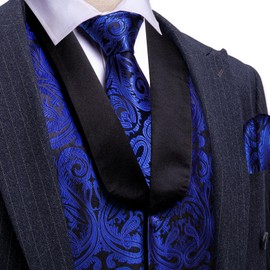Barry.Wang Royal Blue Vest for Men Silk Shawl Collar Vest Tie Sleeve Holder Set Formal Paisley Vests Wedding Tuxedo Waistcoat