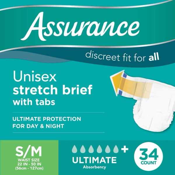 Unbranded Assurance Small/Medium Unisex Stretch Briefs with Tabs 34 Ct