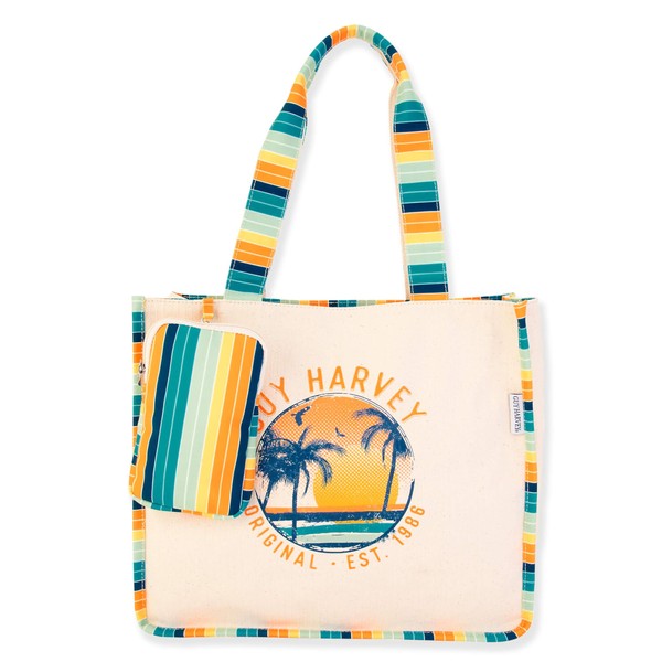 Guy Harvey Beach Tote Bag, Retro Sunset Design, Canvas with