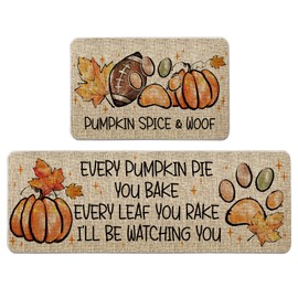 QIONG MENG Fall Kitchen Mat Set of 2 Football Dog Paws Kitchen Rugs, Pumpkin Spice Woof Autumn Harvest Farmhouse Floor Mats for Home Kitchen Dining Room Decorations - 17x27 and 17x47 Inch