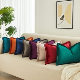 JUSPURBET Pack of 2 Peacock Blue Decorative Fringe Velvet Lumbar Throw Pillow Covers 12x20 for Home Decor Living Room Bedroom Car Boho Soft Cushion Cover with Hidden Zipper Machine Washable