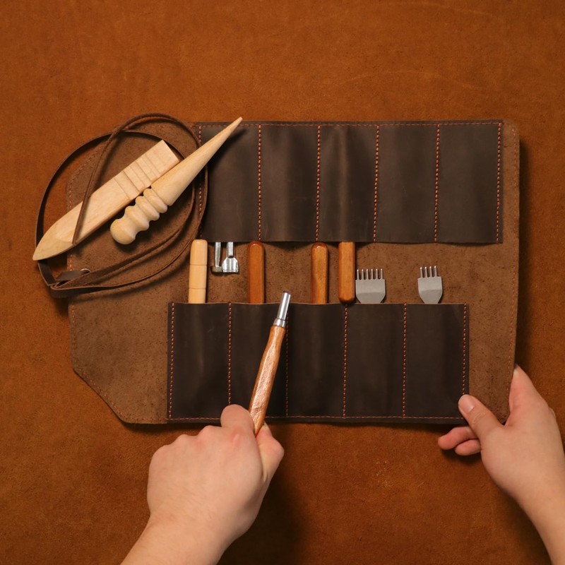Tourbon Full Leather Knife Roll Carving Tool Organizer Craft Carrier