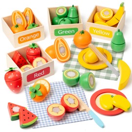 Wooden Play Food Sets for Kids Kitchen Accessories, Velcro Fruit and Veggies Cutting Set for Kids, Pretend Play Food for Toddlers, Montessori Color Sorting Toys for Girls Boys