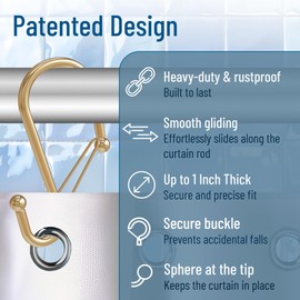 Blau Marité 12 Decorative Metal Shower Curtain Hooks, S-Shaped Hooks with Anti-Fall System, Rust-Proof Shower Rings with Safety Buckle, Fits Rods Up to 1-Inch Diameter (S, Gold)