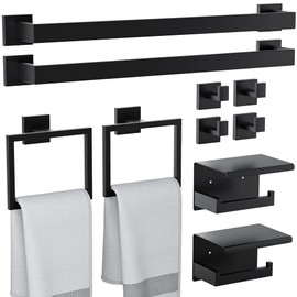HAWKROWN 10-Pieces Bathroom Hardware Set, SUS304 Stainless Steel Wall Mounted 23.6 Inch Towel Bar, Toilet Paper Holder, Towel Hooks, Bathroom Towel Bar Set (Matte Black (Type 2), 10 Piece-23.6 inch)