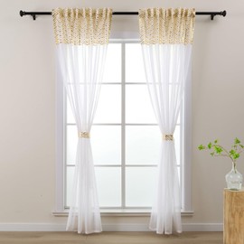 L.Z.E Gold and White Sheer Curtains for Living Room 84 Inch Drop Pencil Pleat & Rod Pocket Gold Curtains & Drapes for Bedroom 213 cm Long Transparent Window Sheers with Tiebacks