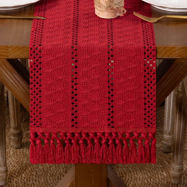 DeZerlor Boho Macrame Table Runner Fall Farmhouse Woven Small Table