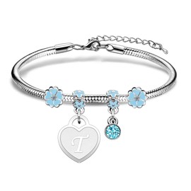 Casxyue Women's Bracelets With Initial Charm Bracelet Silver A-Z Letter Love Heart Pendant Jewellery Birthday Christmas Gifts For Women Teen Girls (T)