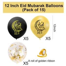 15Pcs Eid Mubarak Balloons, Eid Mubarak Decorations, Gold Black Confetti Latex Balloons, Eid Balloons for Islam Muslim Holiday Indoor Outdoor Party Supplies