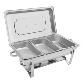 KOLHGNSE Foldable Chafing Dish Buffet Set, 3 Compartment Stainless Steel Food Warmer Fuel Cans Rectangular Catering Serving Pan Party Wedding Buffet Indoor Outdoor (Silver)