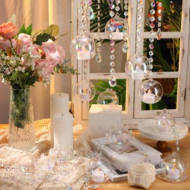 GlikCeil 56 Pcs 3.15'' Hanging Glass Tealight Holder Globe with K9 Crystal Garland Strands,Teardrop Pendant Hanging Tealight Candle Holder Orbs Air Plant for Wedding Centerpiece Party Decor (Colorful)