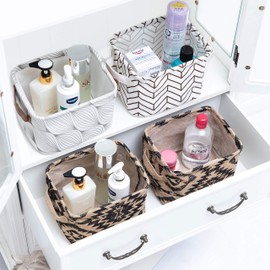 LessMo 4 Pack Storage Baskets, Collapsible Mini Storage Boxes, Canvas Fabric Waterproof Storage Bins made from Cotton and Linen, for Toys, Bathroom, Closets, Playroom (KALEIDOSCOPE, Thick fabric)