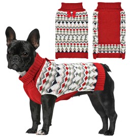 LyssKMK Dog Argyle Christmas Sweater Puppy Turtleneck Knitwear with Red Bow Outfits Cold Weather Warm Clothes Sweater for Small Dog XS
