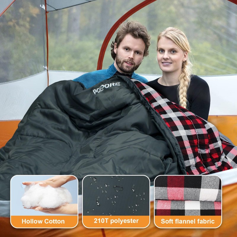 POEPORE Double Sleeping Bag Flannel for Adults with 2 Pillows