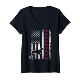 Womens Vintage American Flag Miniature Pinscher Dog 4th Of July V-Neck T-Shirt