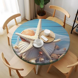 Wood Shell Starfish Round Fitted Tablecloth with Elastic Table Cover Round Elastic Tablecloth, Waterproof Wipeable Fitted Table Cloth, Fits Tables up to 45"-50" Diameter